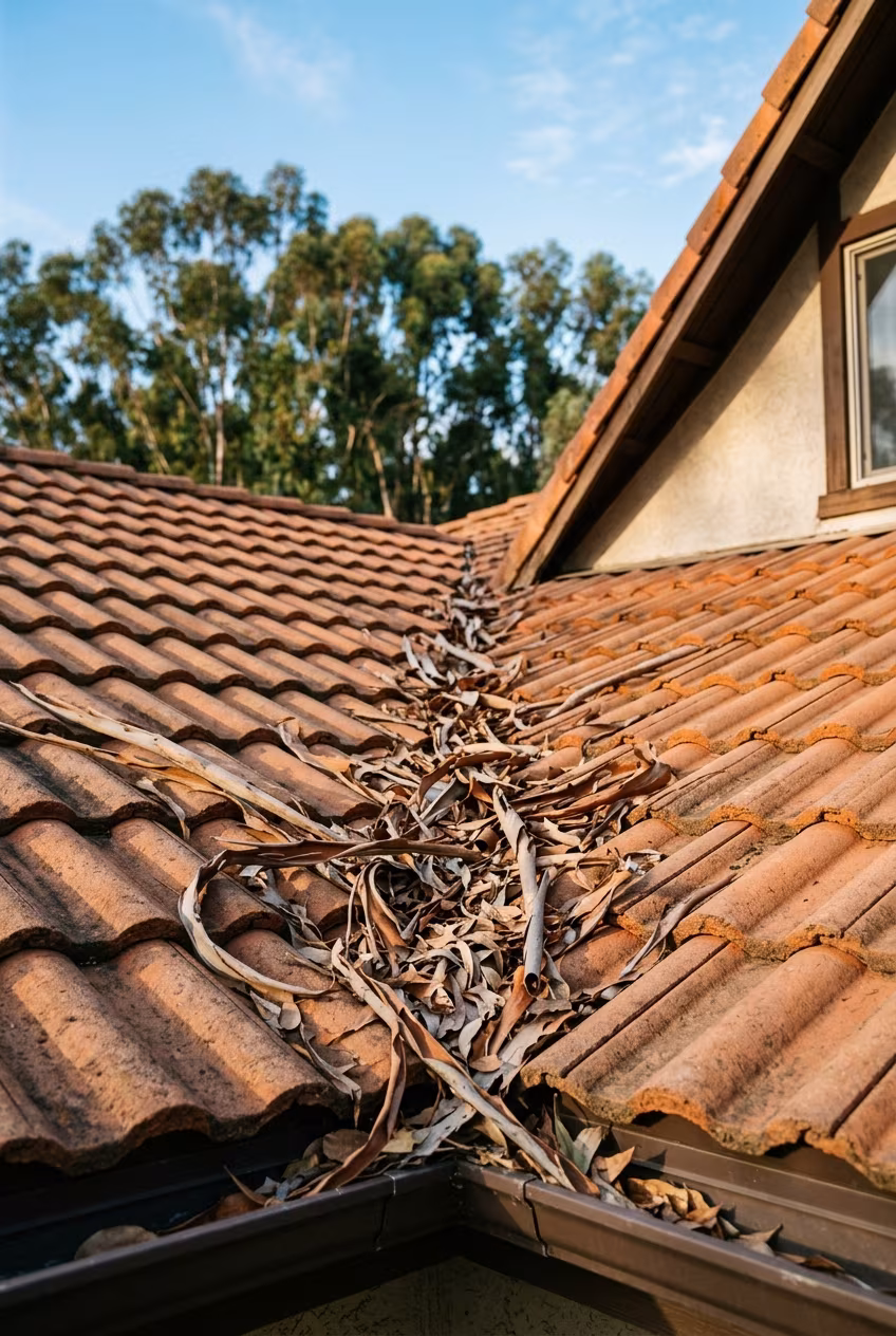 Roof repair Irvine: eucalyptus leaves packed into a tile valley