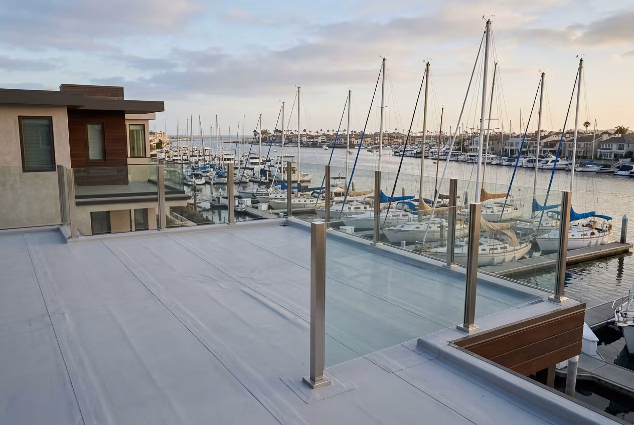 New membrane on a waterfront roof deck after roof leak repair in Newport Beach