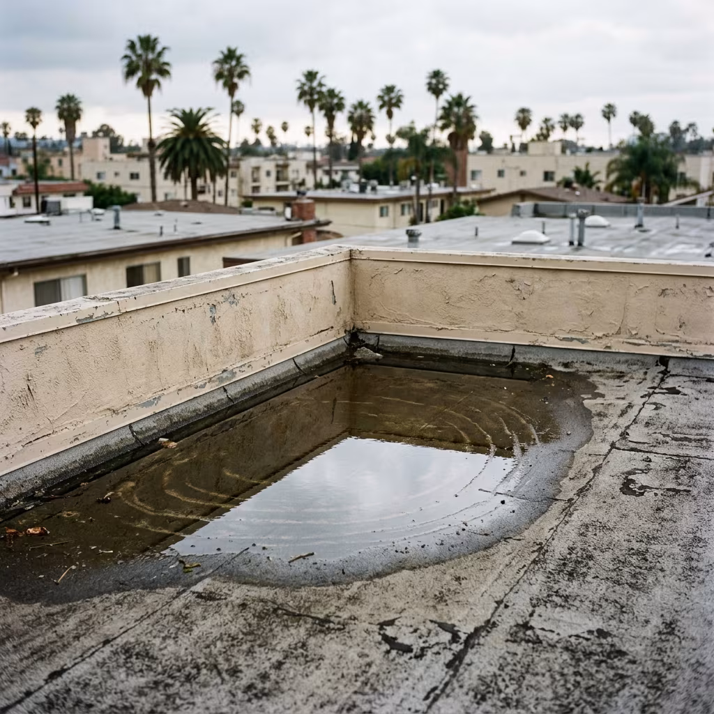 Ponding water on a flat roof at a parapet corner in Los Angeles