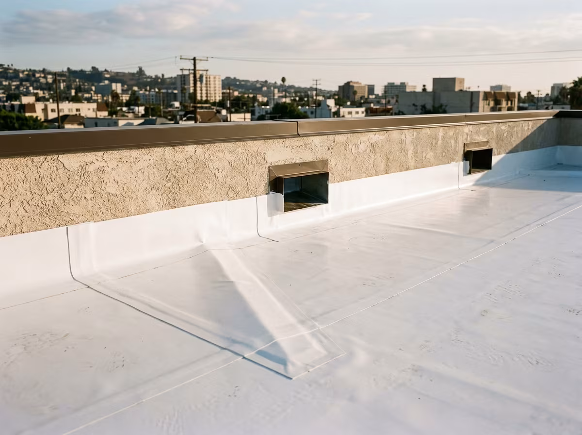 New scupper and cricket keeping water moving on a TPO roofing membrane