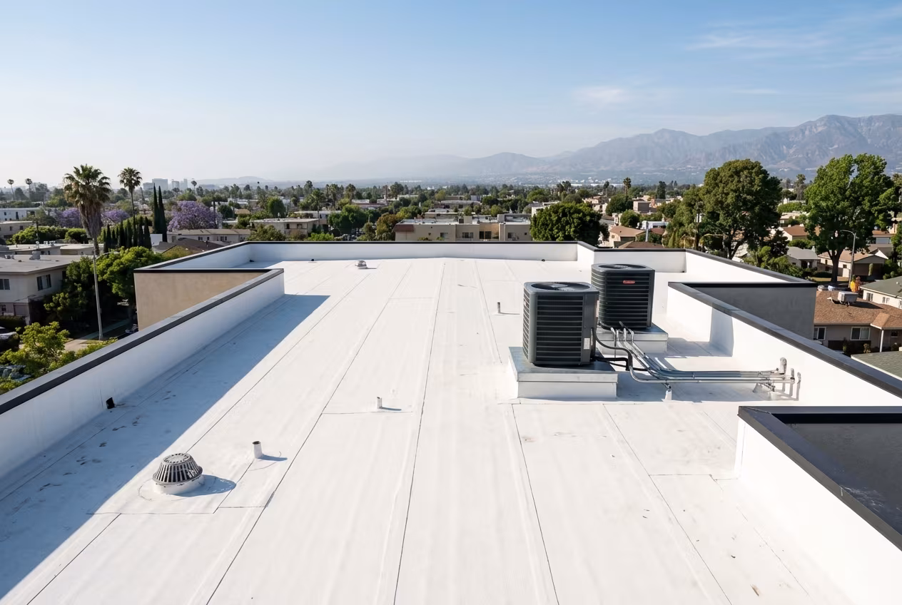 Cool roof in Sherman Oaks: a new white flat membrane between parapets