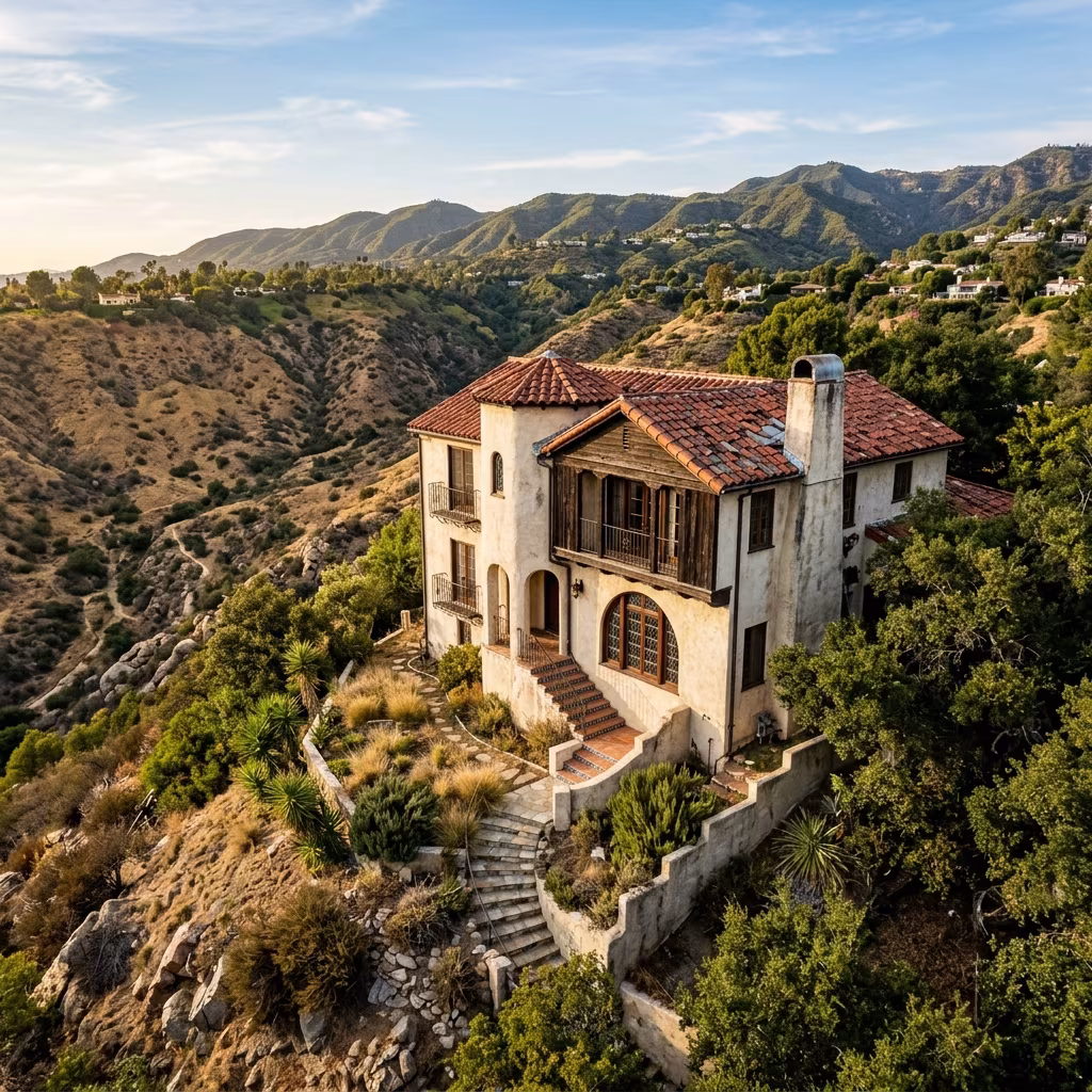 Tile roof repair in Glendale on an aging clay tile roof above a canyon