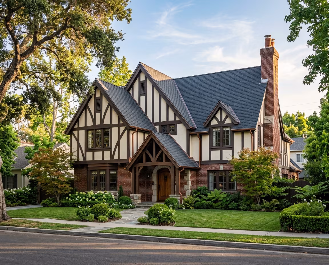 Roofing Glendale homes: a Tudor Revival roof with steep cross gables and a chimney