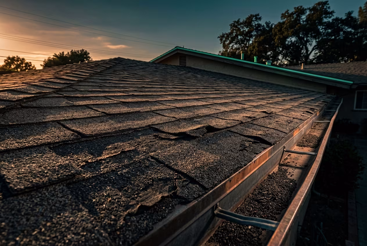 Roof repair Woodland Hills: heat-worn asphalt shingles with bare patches
