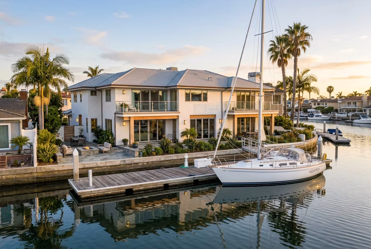 Roof replacement Huntington Beach: a new roof on a waterfront home