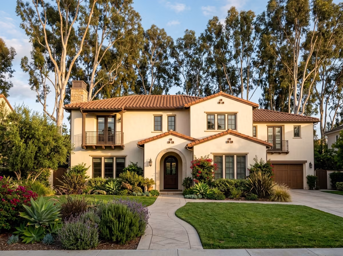 Irvine tile roof home beneath tall eucalyptus trees