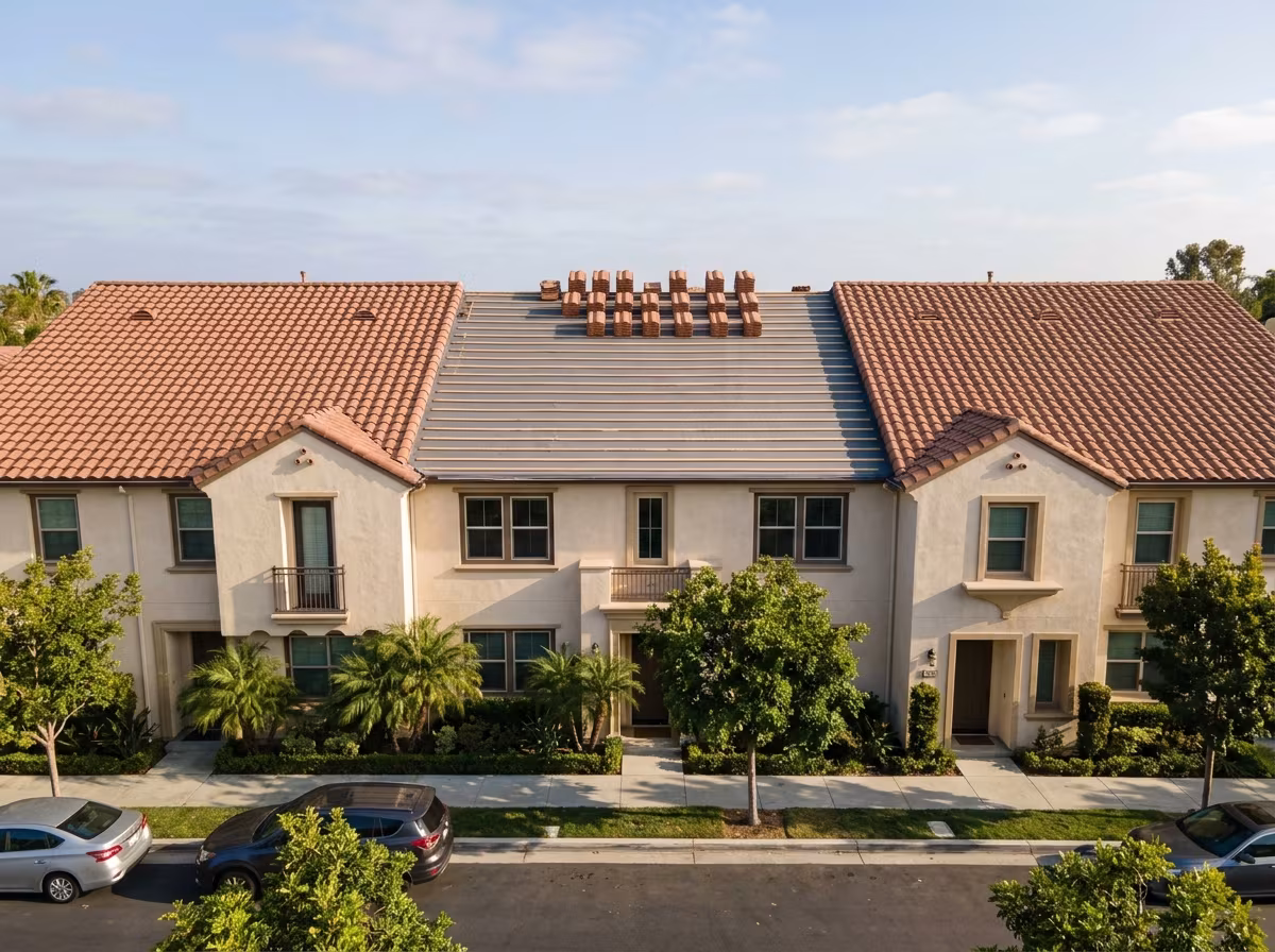 Roofing Irvine townhomes, one roof stripped to new underlayment
