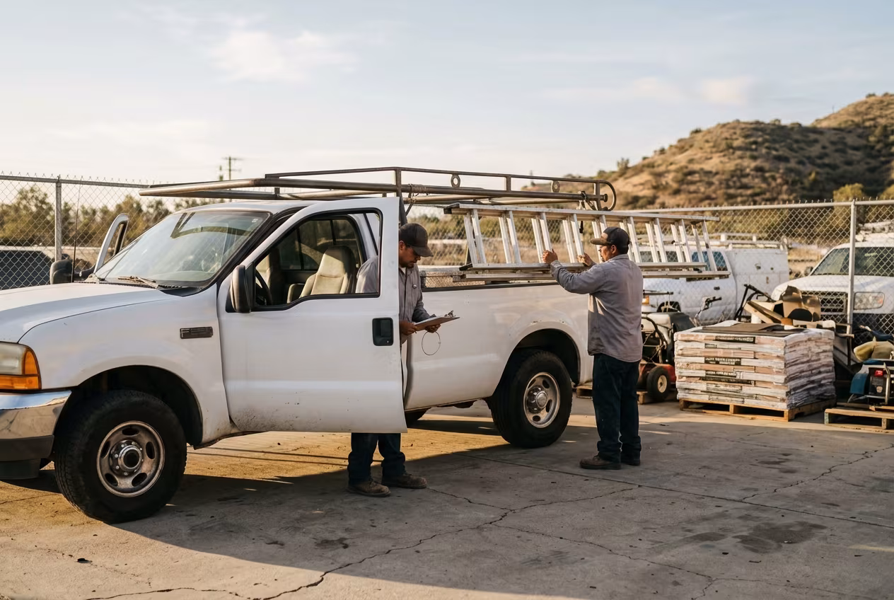 Licensed roofing contractor crew loading a ladder at the Los Angeles yard