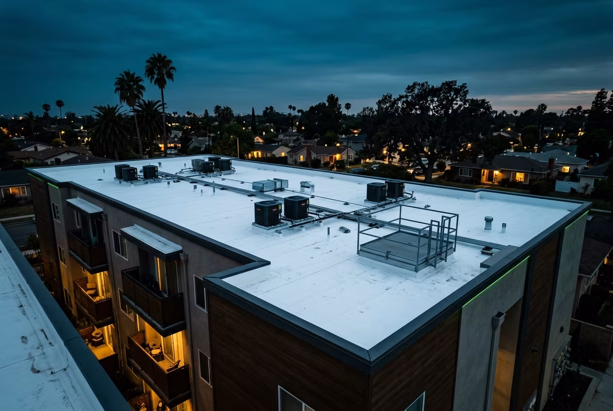 Woodland Hills roofing on an apartment building: a new low-slope membrane roof