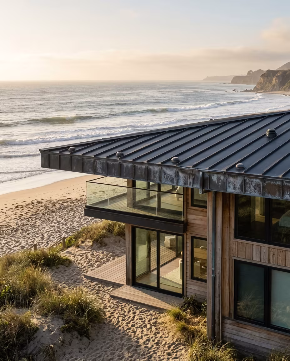 Malibu roofing on a beach house: standing seam metal panels with their flashing and vent caps