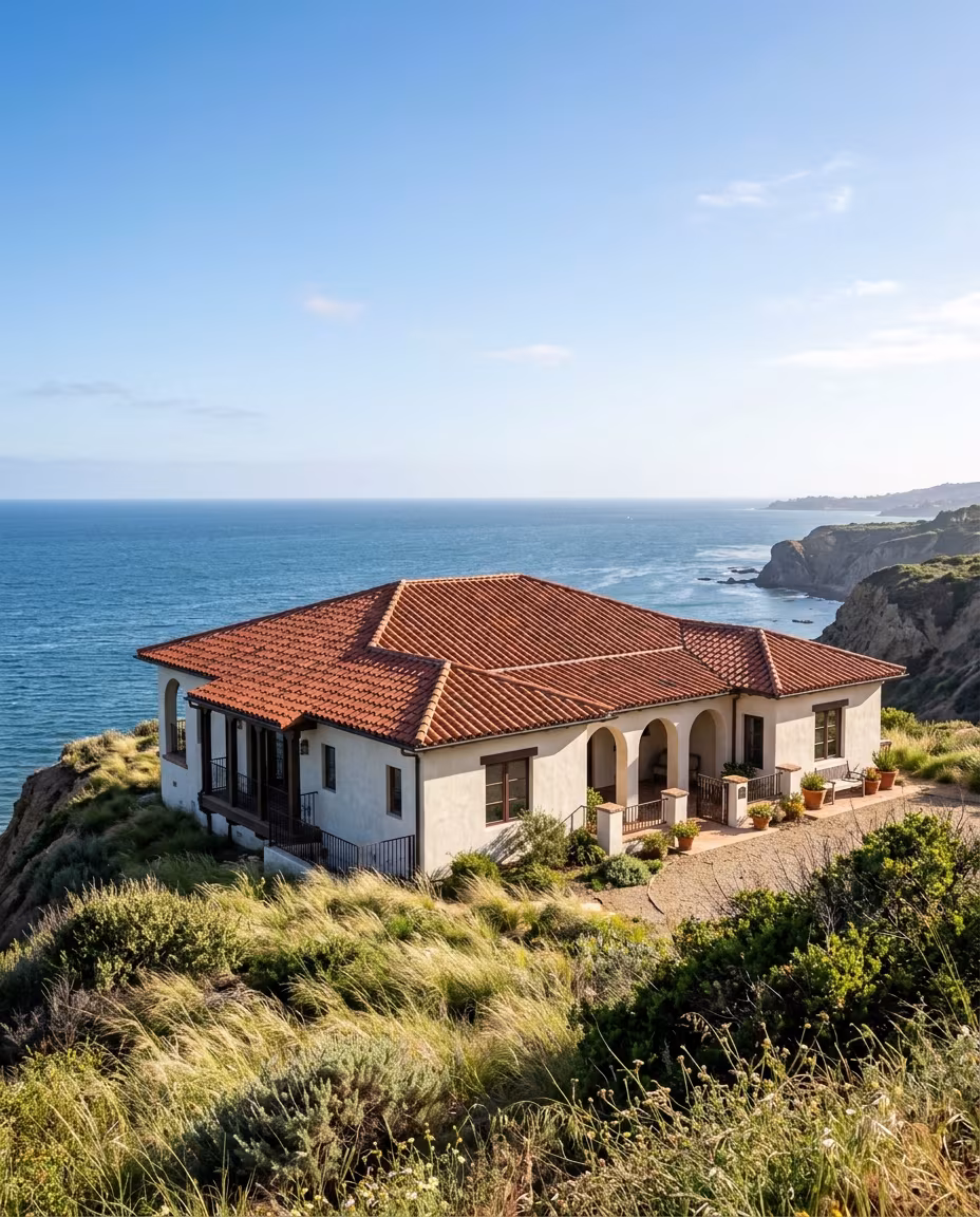 Roofing Malibu: a clay tile hip roof on a bluff-top home in bright sun