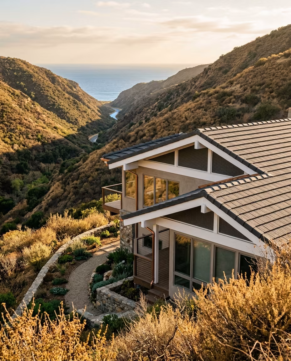 Class A roof in Malibu on a canyon home, screened vents and dry brush on the slope behind