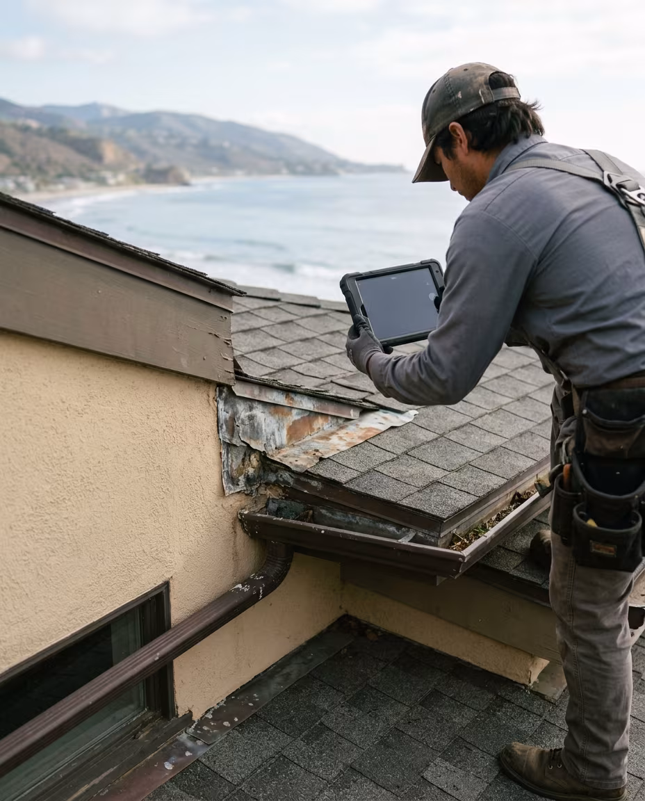 Roof inspection in Malibu: a roofer photographing the flashing and drainage before work