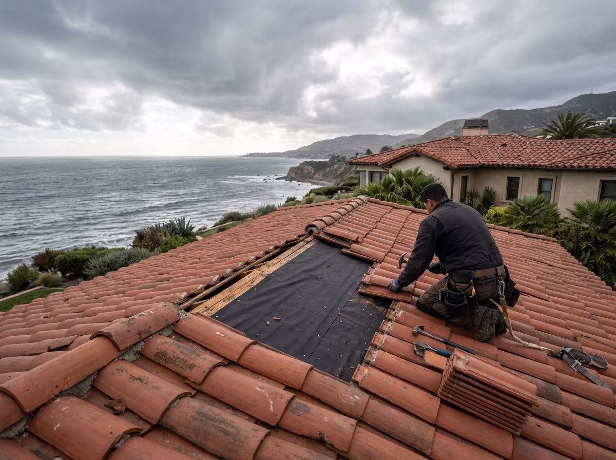 Roof repair Malibu: a wind-damaged tile section rebuilt over new underlayment
