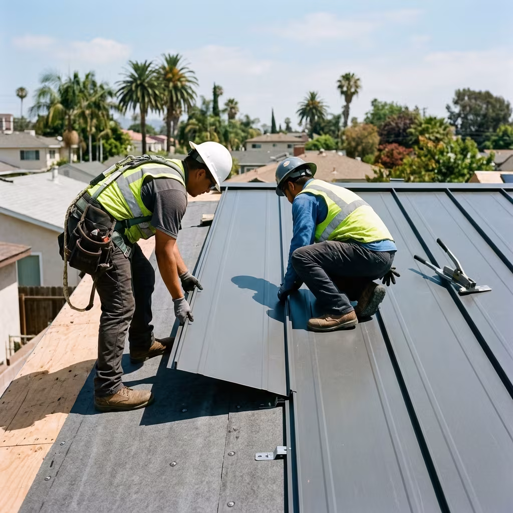 Metal roof installation Los Angeles: crew setting panels on clips