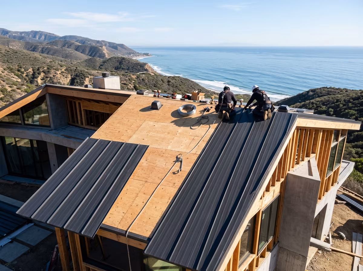 Roof replacement in Malibu: metal panels going on over the bare original sheathing