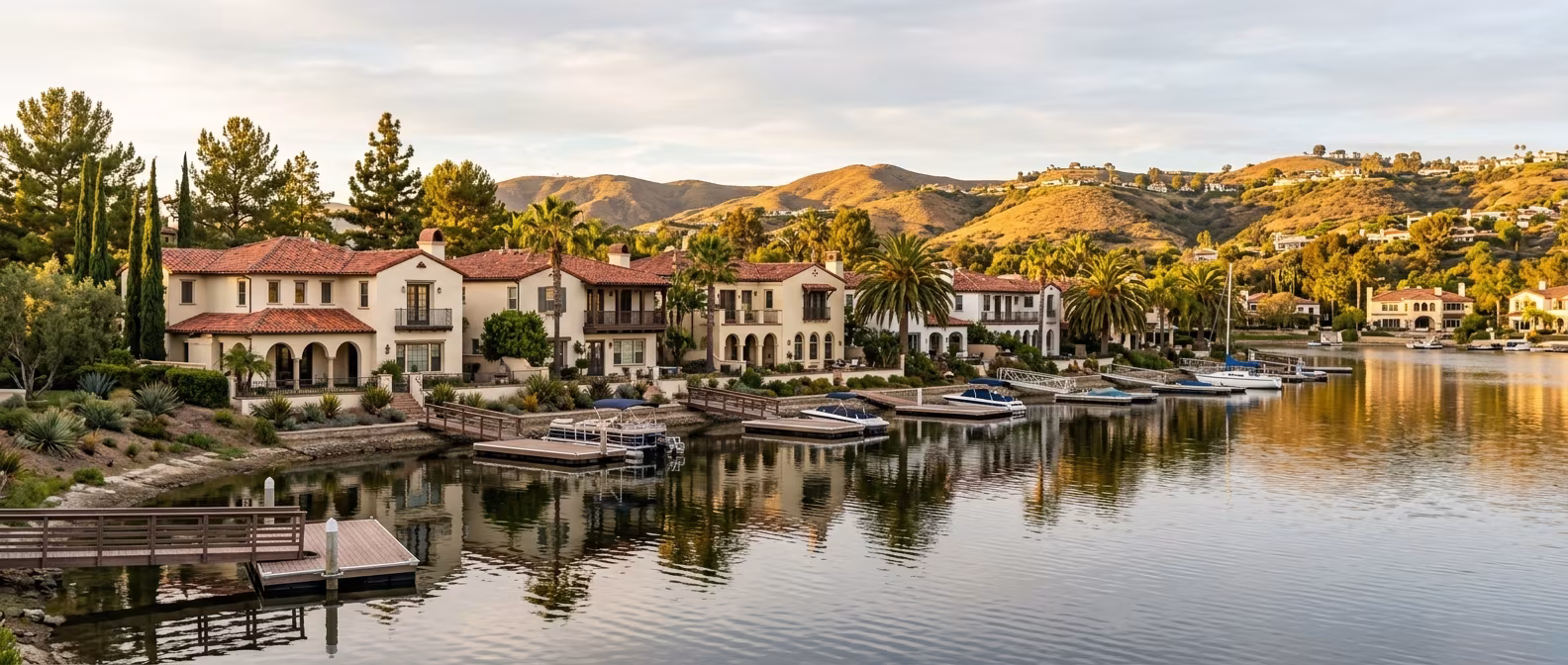 Roofing Mission Viejo: barrel tile roofs on homes along the water