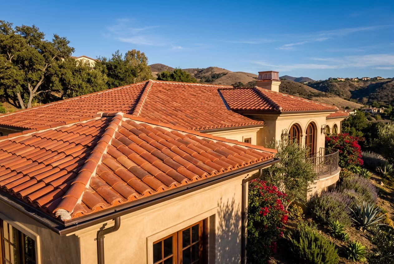 New clay tile with sealed eave ends on a Class A fire-rated roof in Calabasas