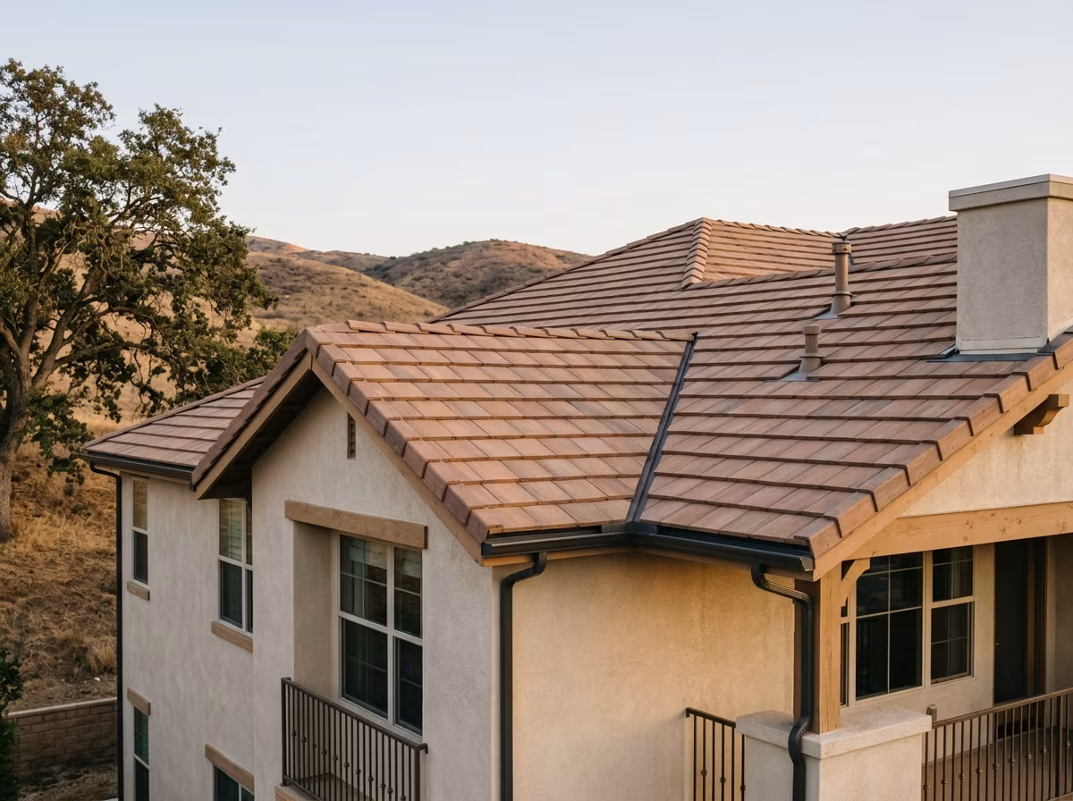 Roofing contractor Santa Clarita: new concrete tile, ridge caps and flashing on a finished roof