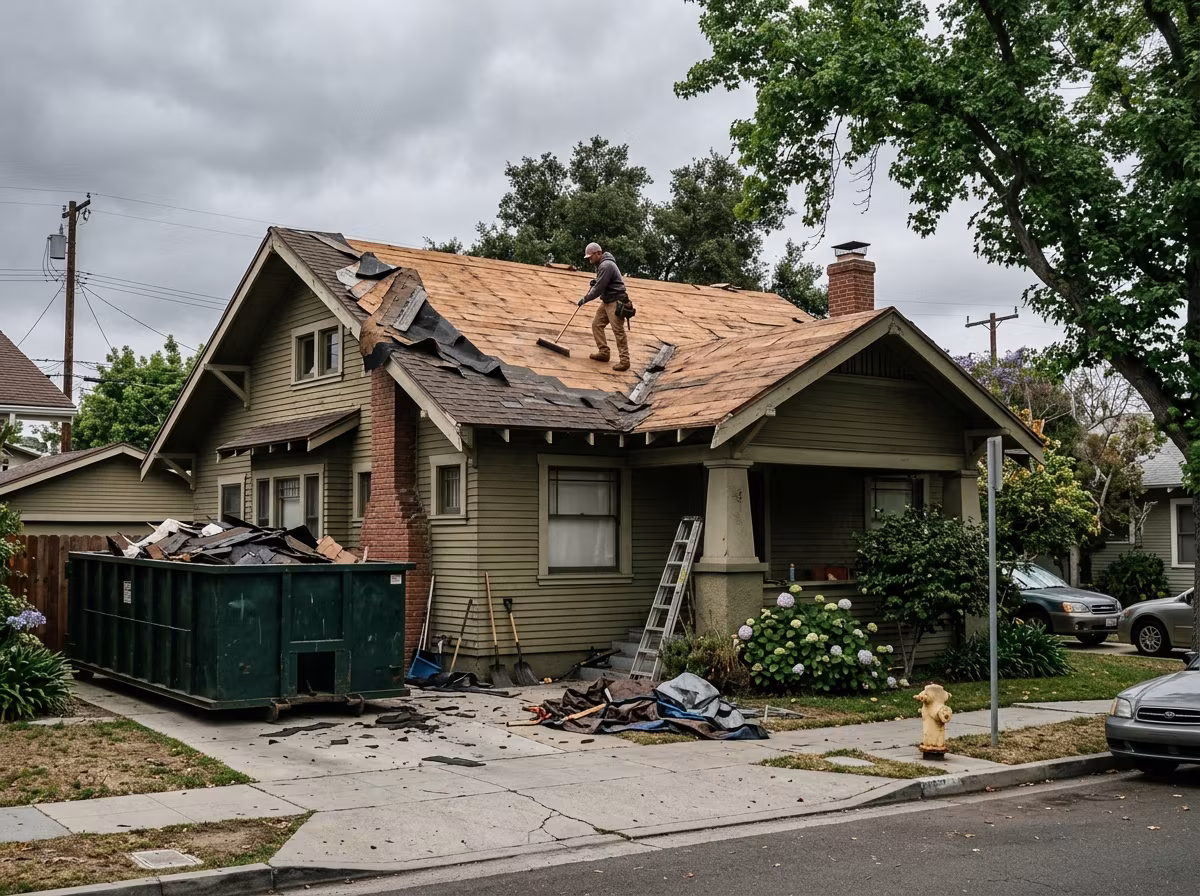 Roof replacement in Torrance with a bungalow stripped to the deck