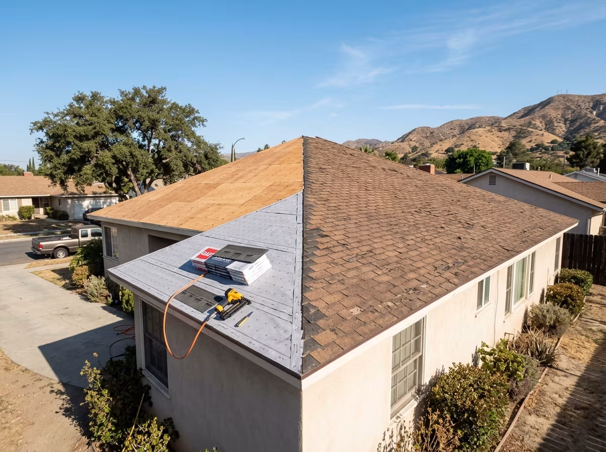 Burbank roof replacement in progress, one slope opened to new underlayment