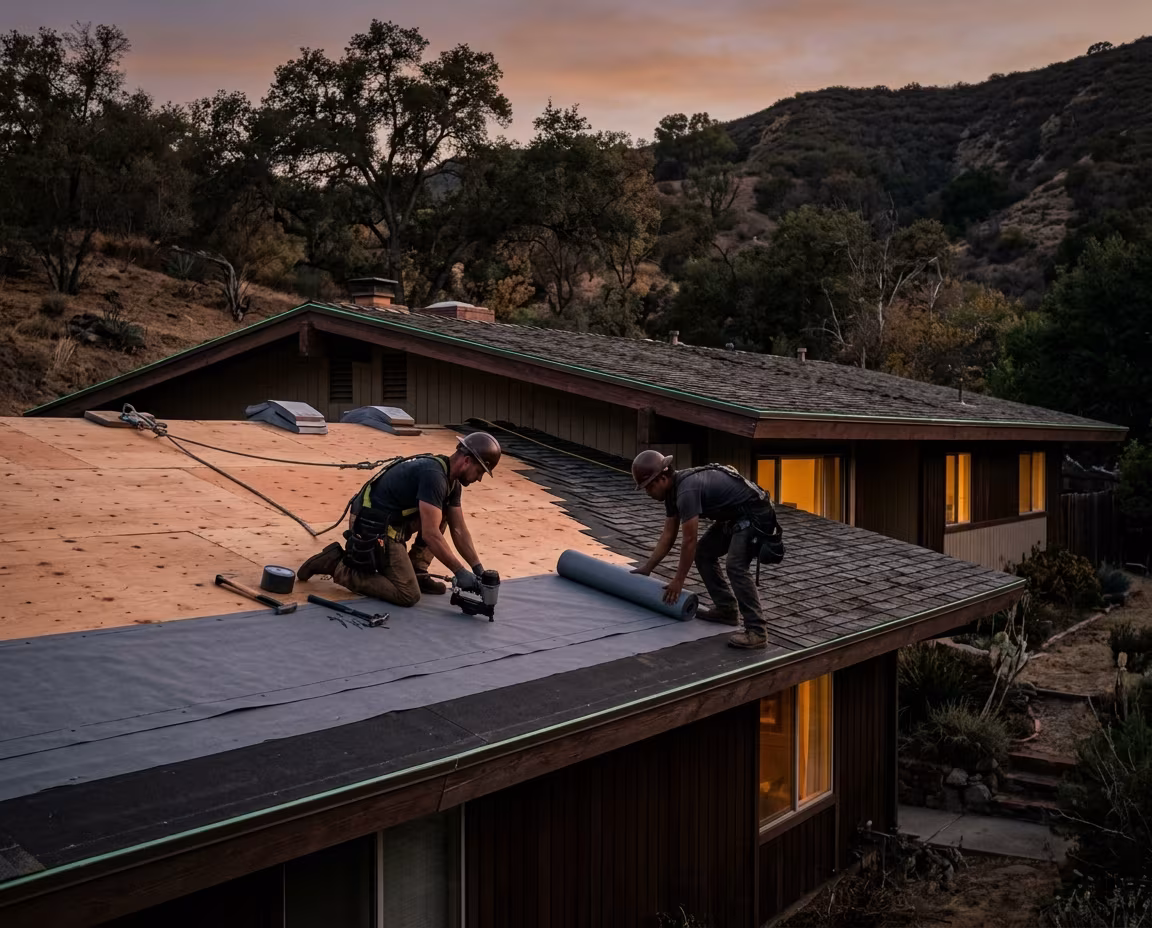 New roof underlayment in Woodland Hills laid on one slope of a ranch roof