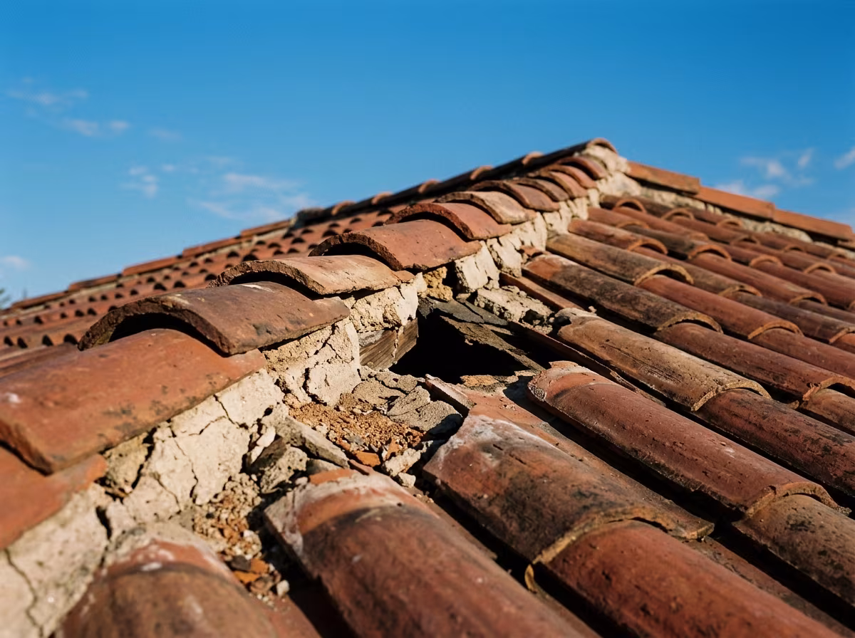 Tile roof repair: loose ridge caps over cracked mortar on a Mission Viejo home