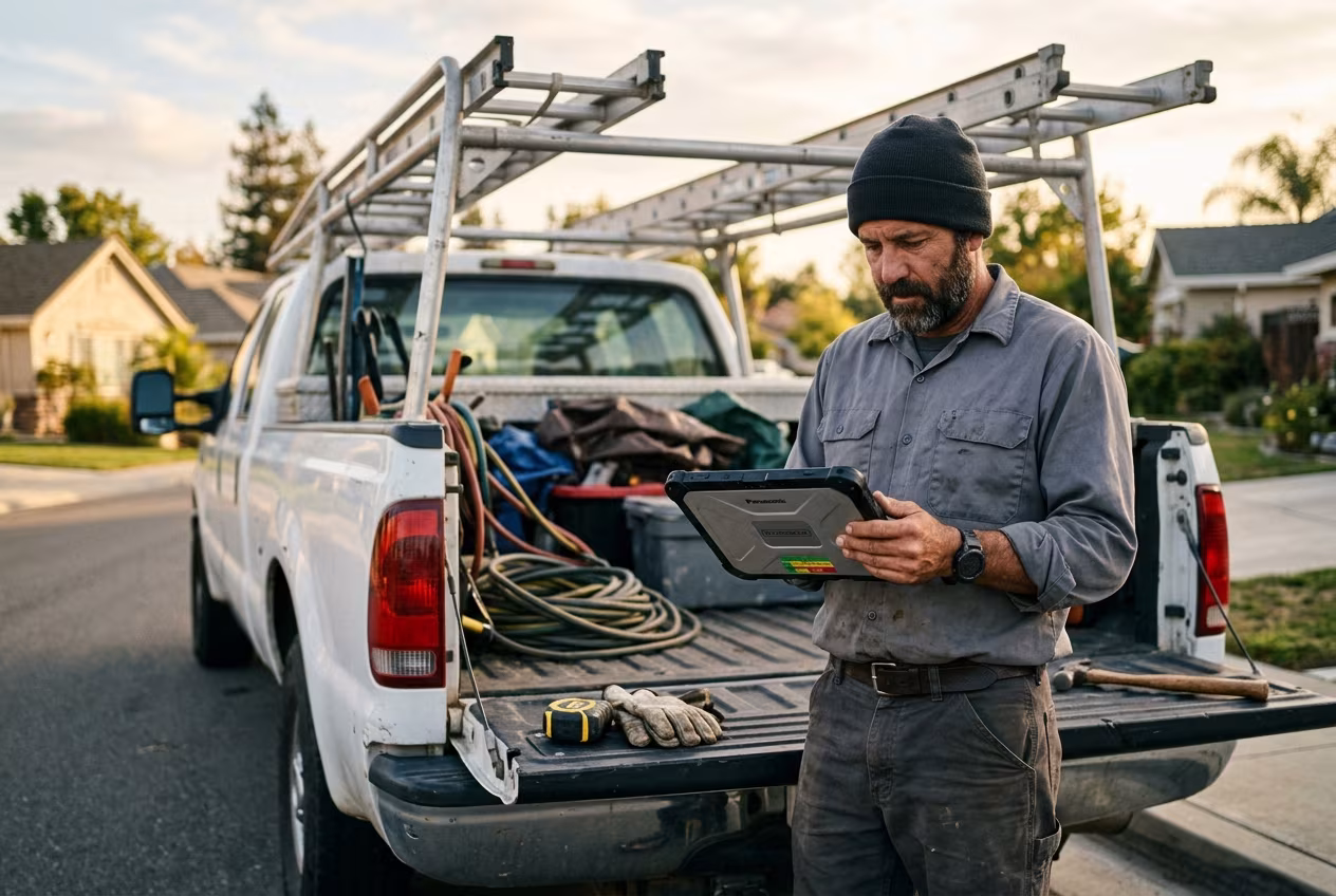 Roof inspection reports Los Angeles: a photographed condition report reviewed on a tablet