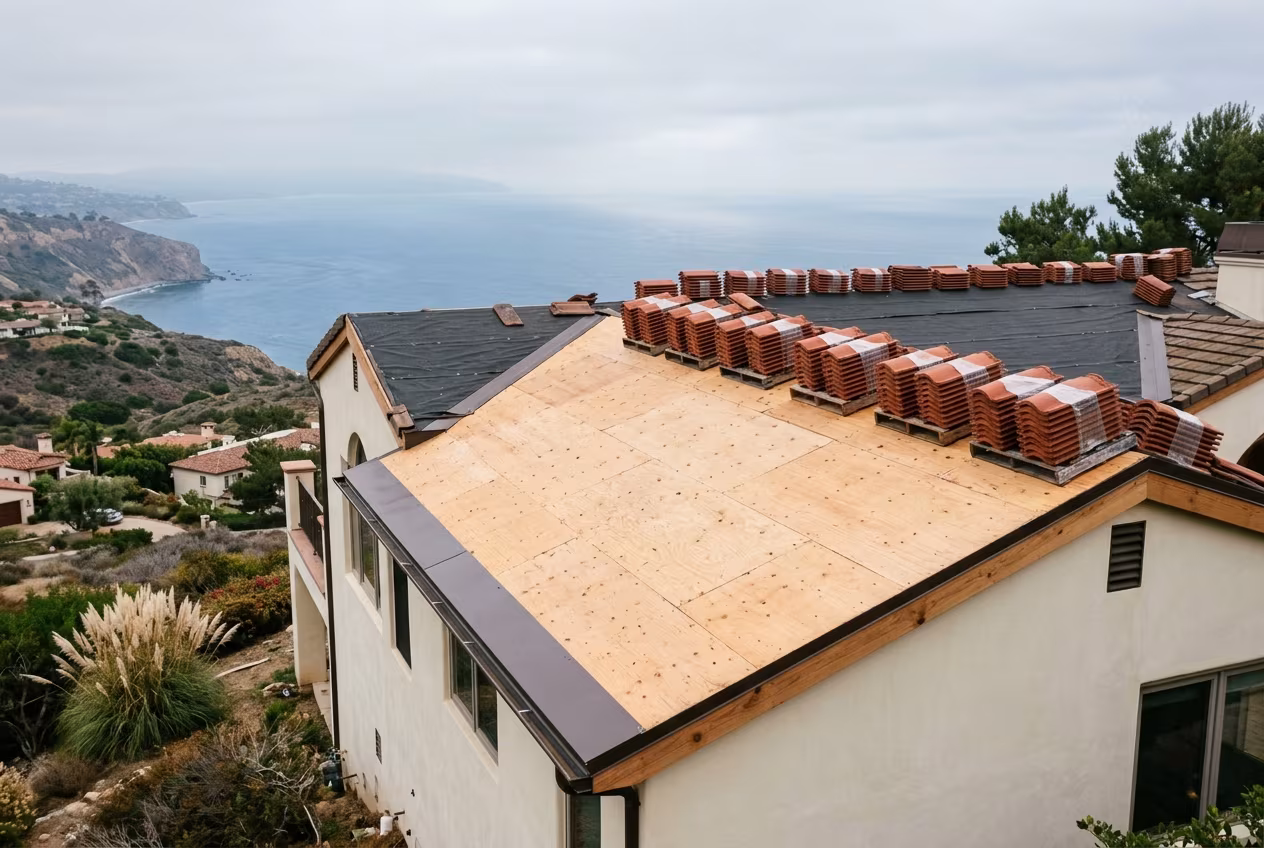 Roof replacement on a hillside home: new plywood sheathing before the tile goes back