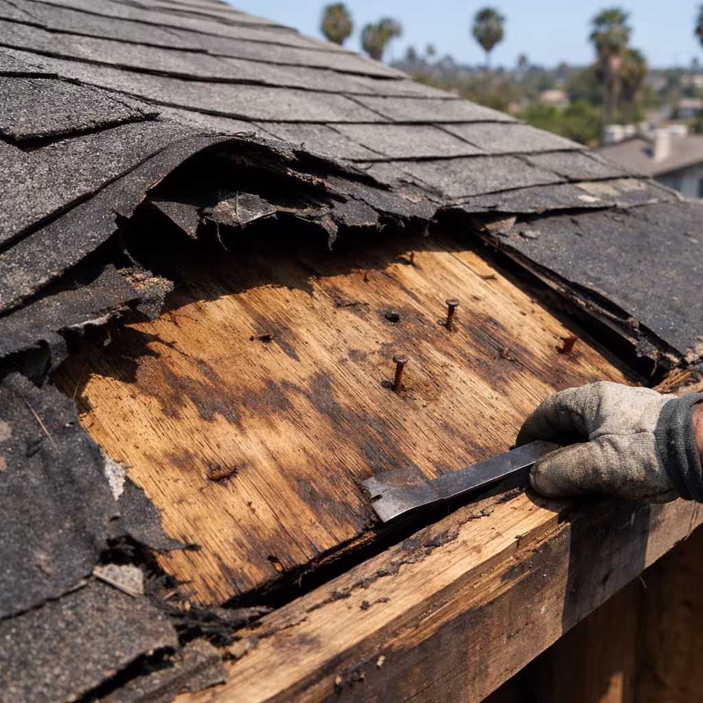 Residential roof inspection Los Angeles: water stained decking under lifted shingles