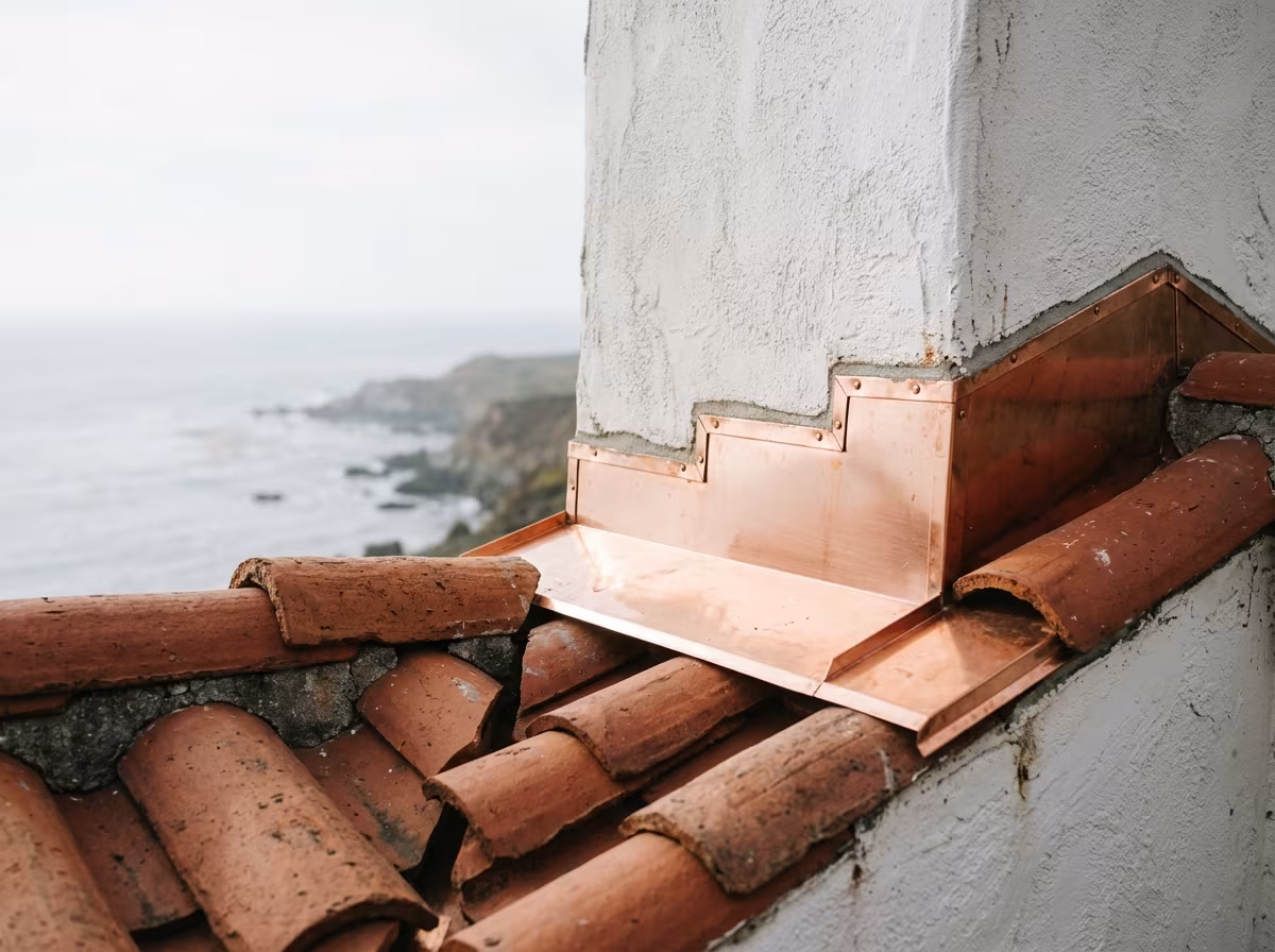 Roof leak repair at a chimney: copper counter-flashing on a clay tile roof
