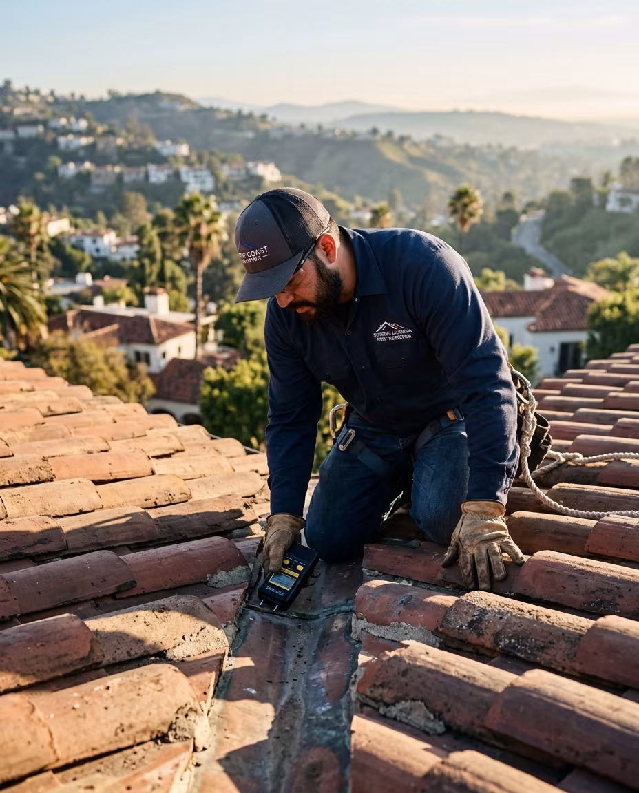 Roof inspection Los Angeles: a licensed roofer checking tile joints along a valley