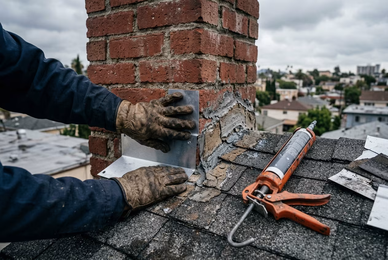 Roofer resealing step flashing at a chimney during a roof leak repair in Los Angeles