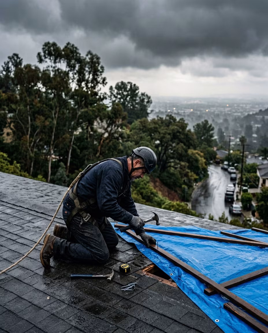 Roofer fastening a blue emergency tarp over a leaking roof section on a Los Angeles hillside home in the rain