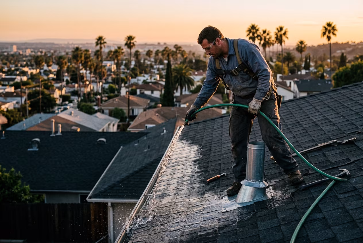 Roofer running a hose over a repaired roof section to water test a leak repair in Los Angeles