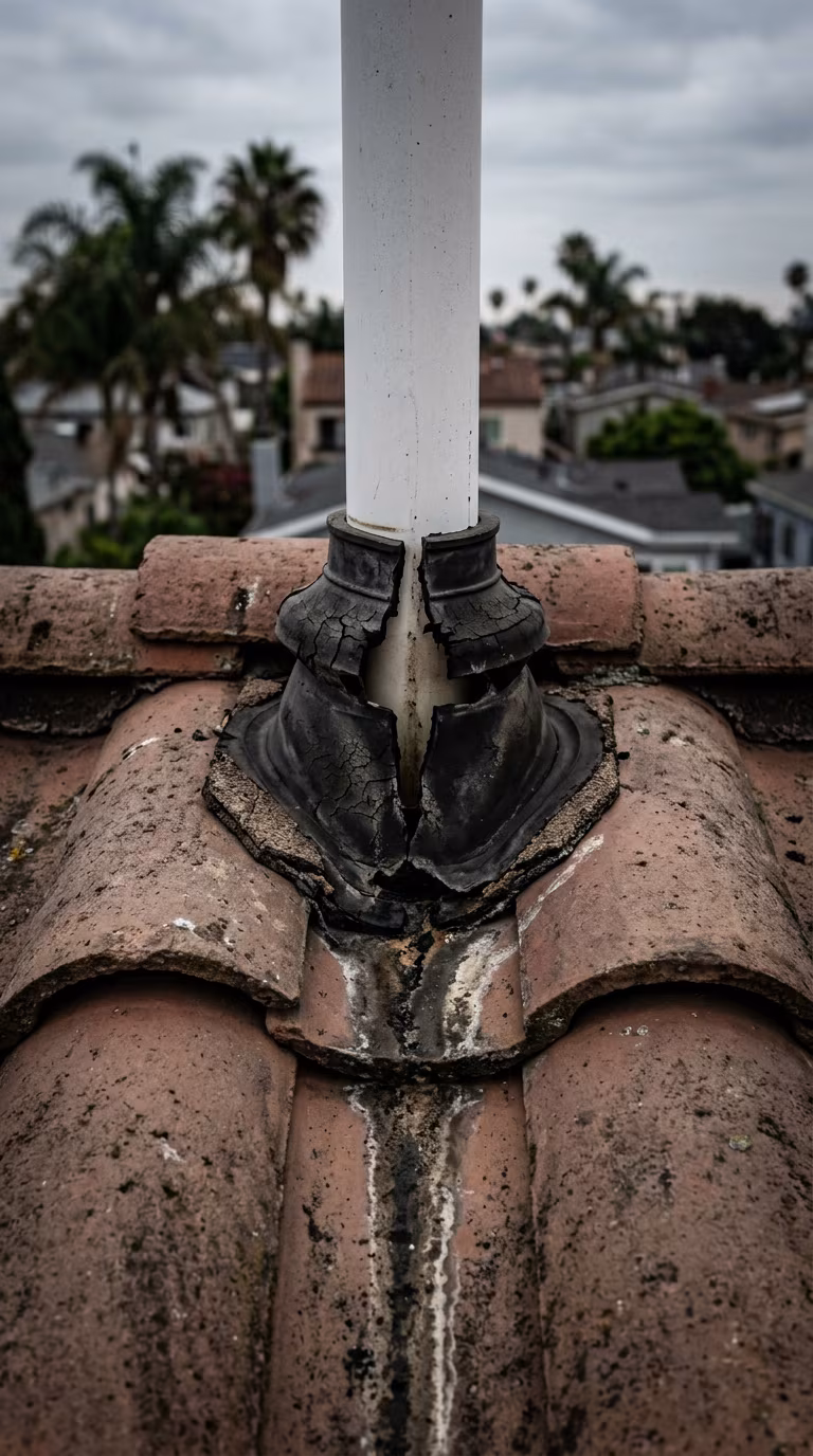 Split rubber pipe boot around a plumbing vent on a clay tile roof with a water stain trailing down the tiles
