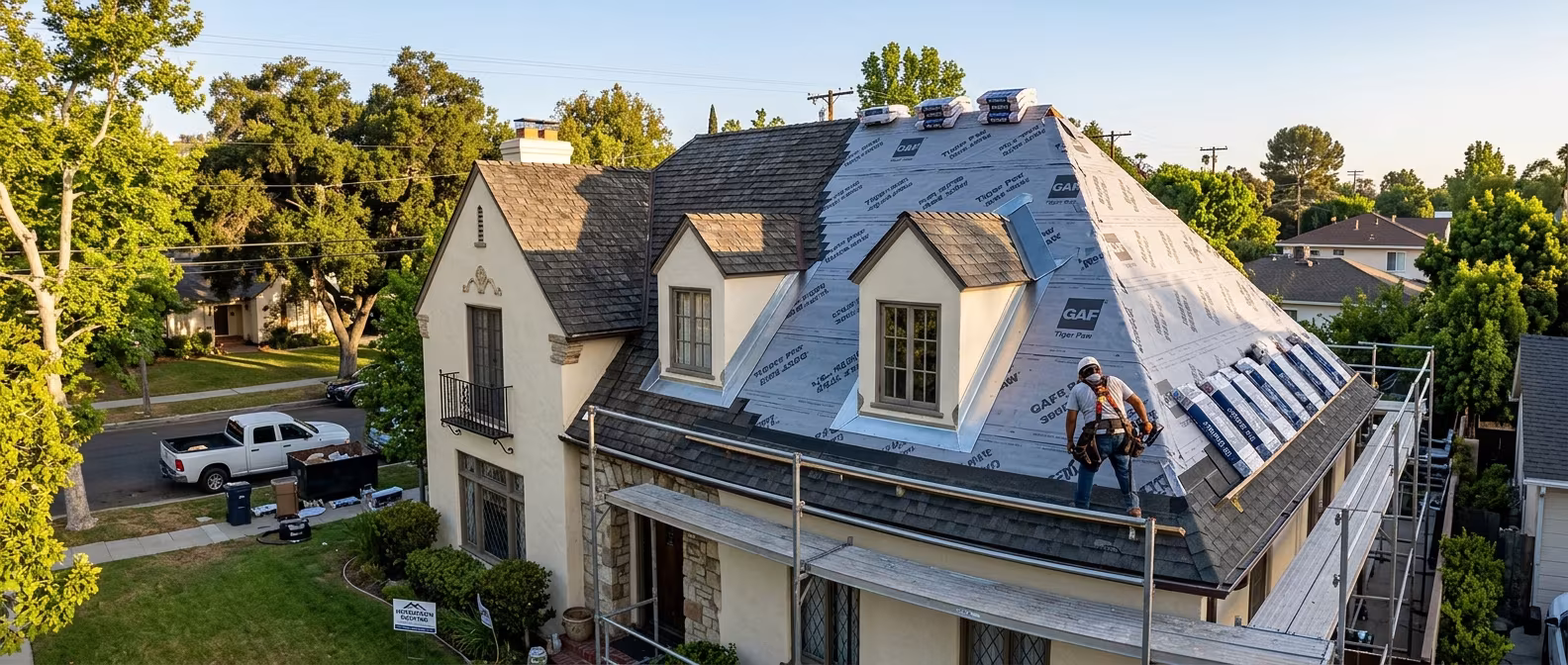 Roof replacement, Glendale: new underlayment and valley flashing on a steep roof