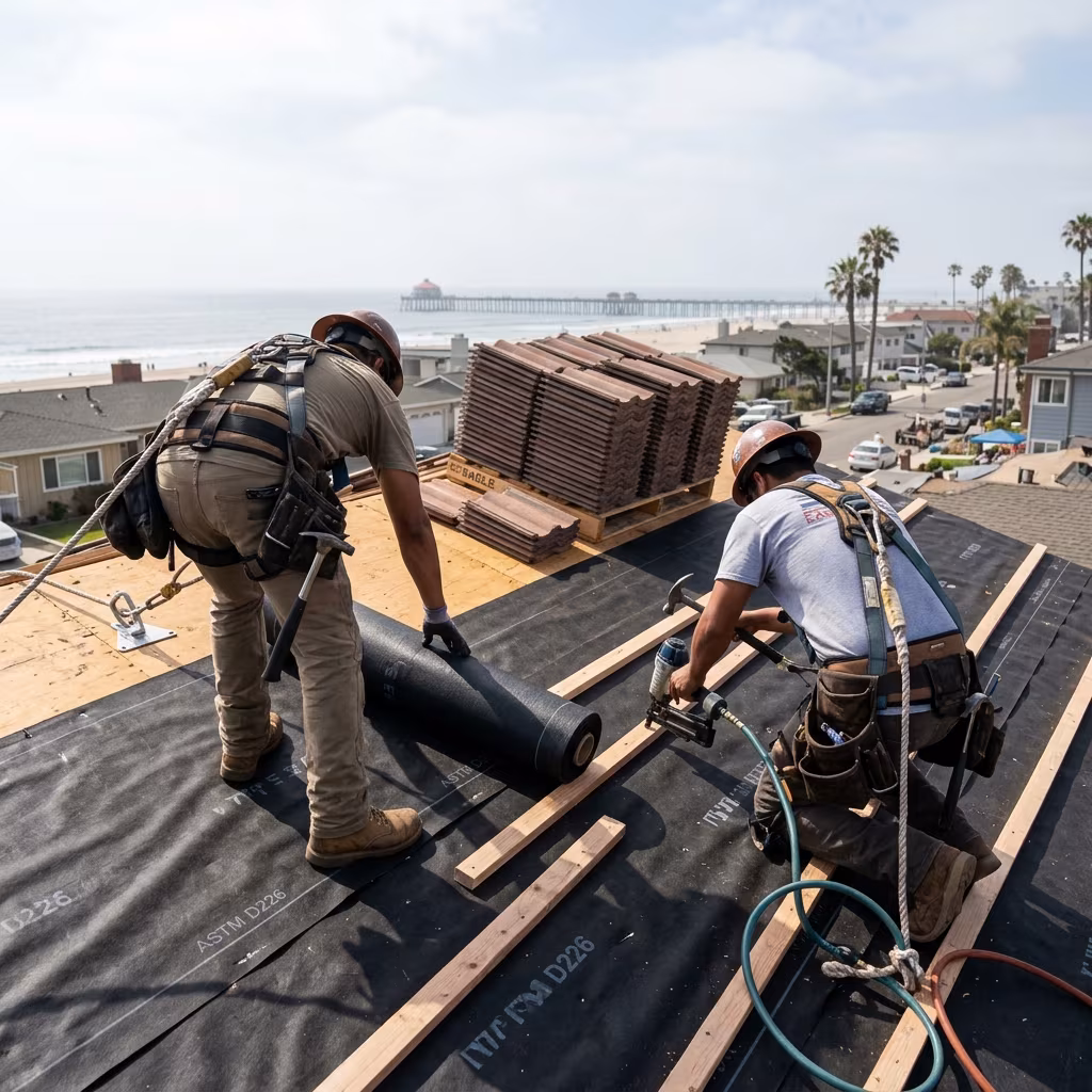 Huntington Beach roofing contractor crew laying felt and battens