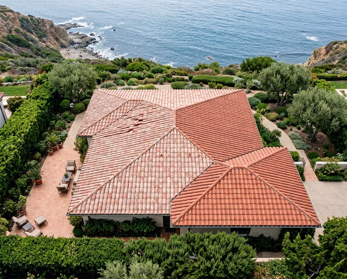 Rancho Palos Verdes roofing from above: a clay tile hip roof with a weathered ocean slope