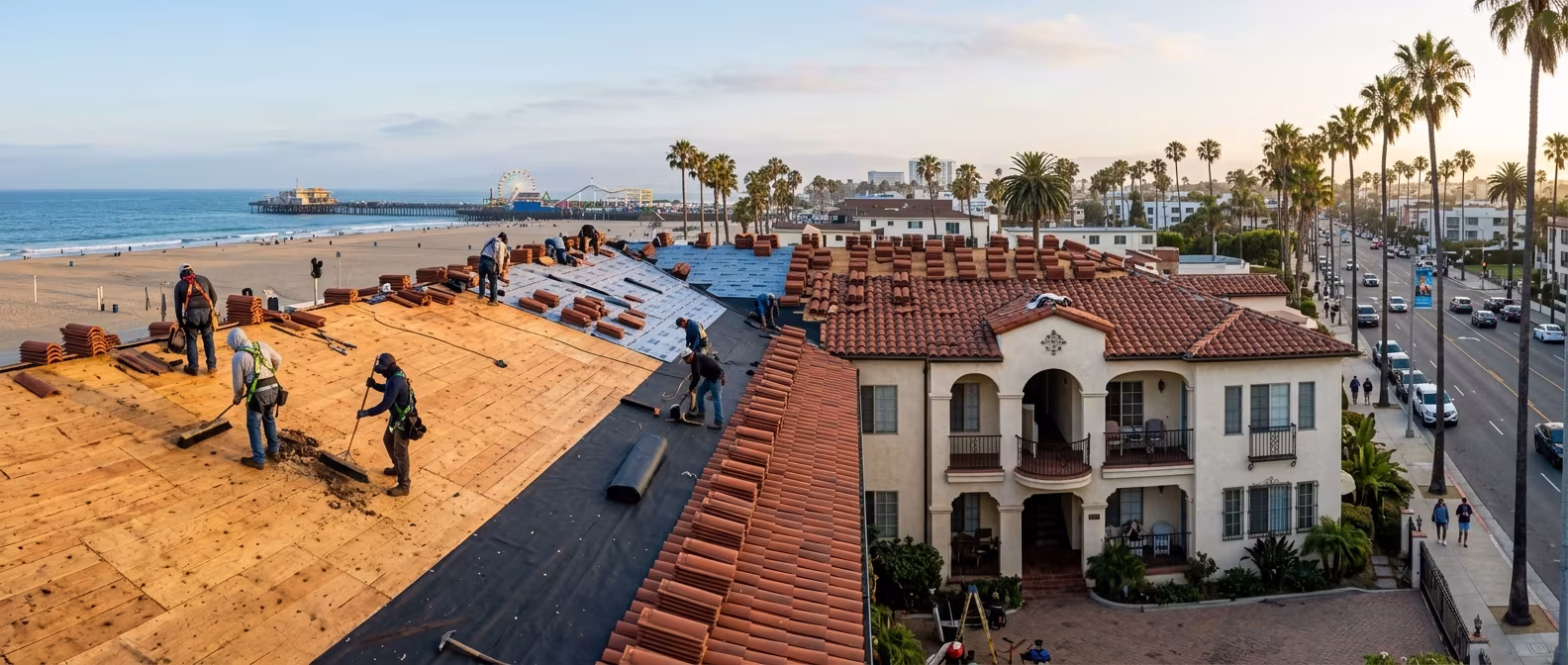 Roof replacement Santa Monica: a crew replacing tile on an apartment building