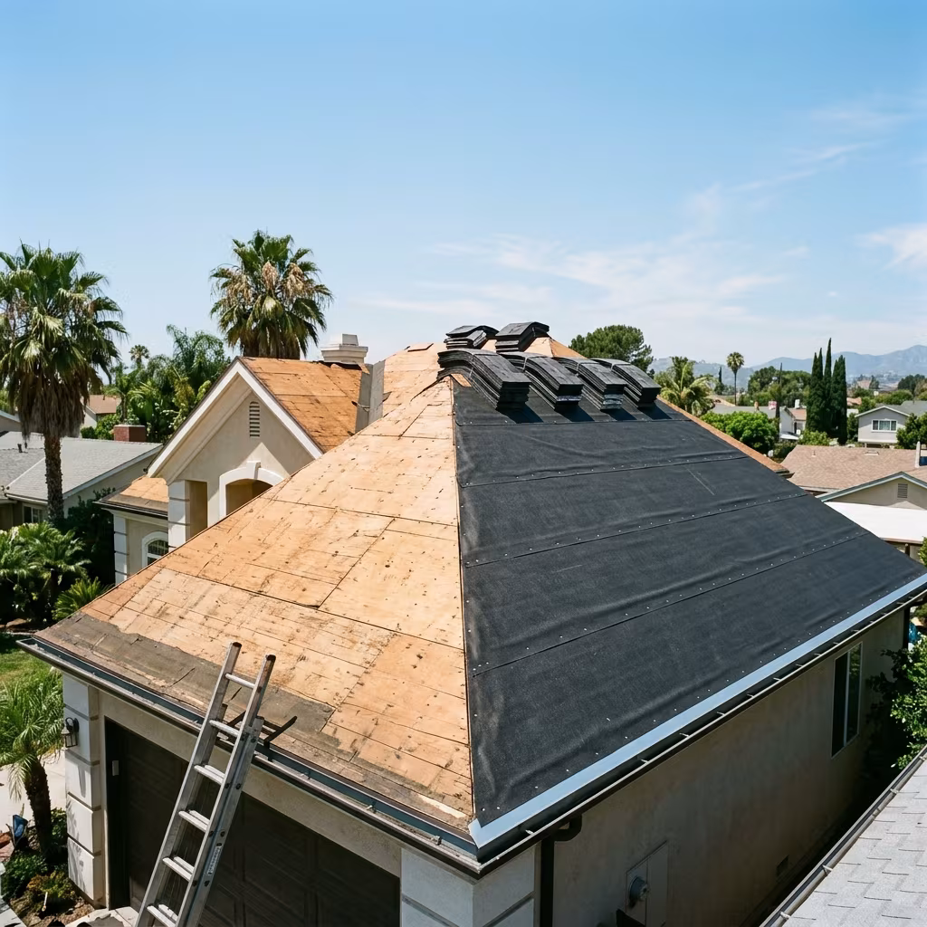 Roof replacement Sherman Oaks: one slope stripped down to the deck