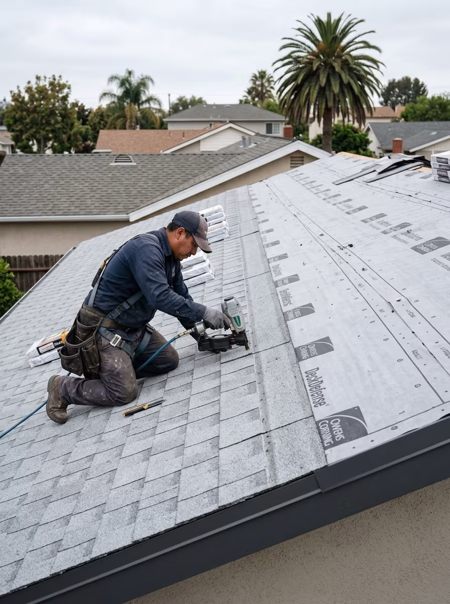 Roofing contractor Torrance crew installing a new shingle system