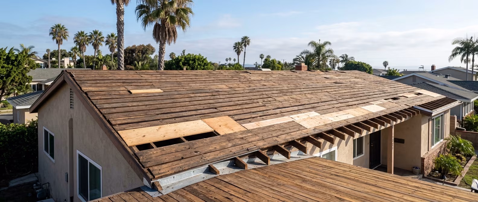 Re-roof in Huntington Beach stripped to the deck for the tear-off inspection