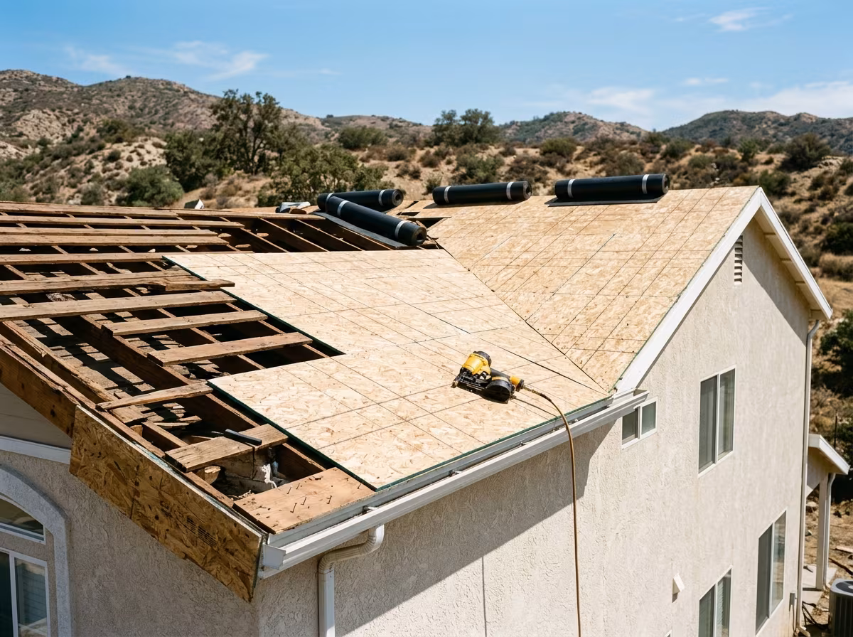 Roof replacement Santa Clarita: new plywood sheathing laid over old board decking