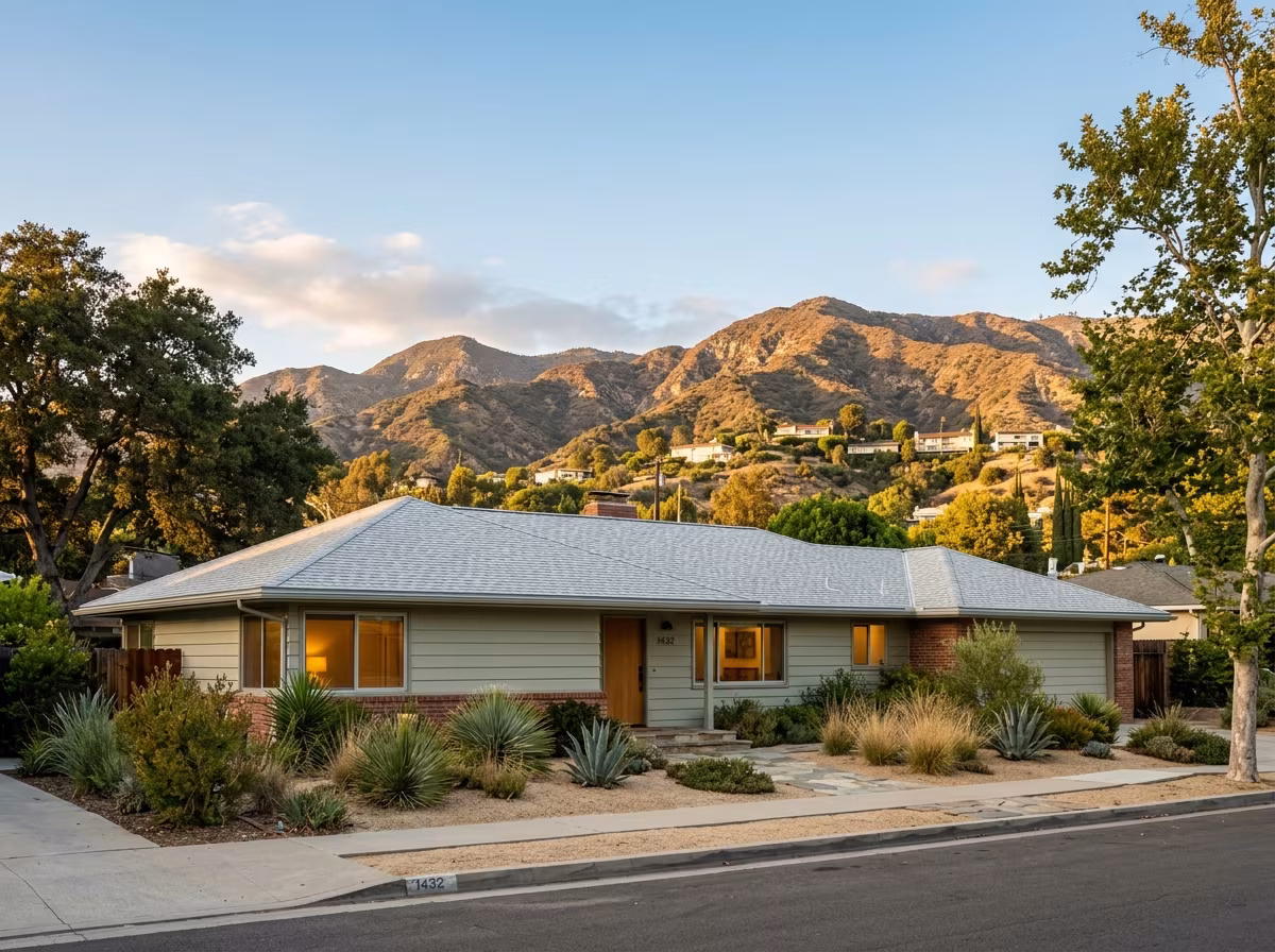 Roofing Burbank, CA: a finished new roof on a ranch home at golden hour