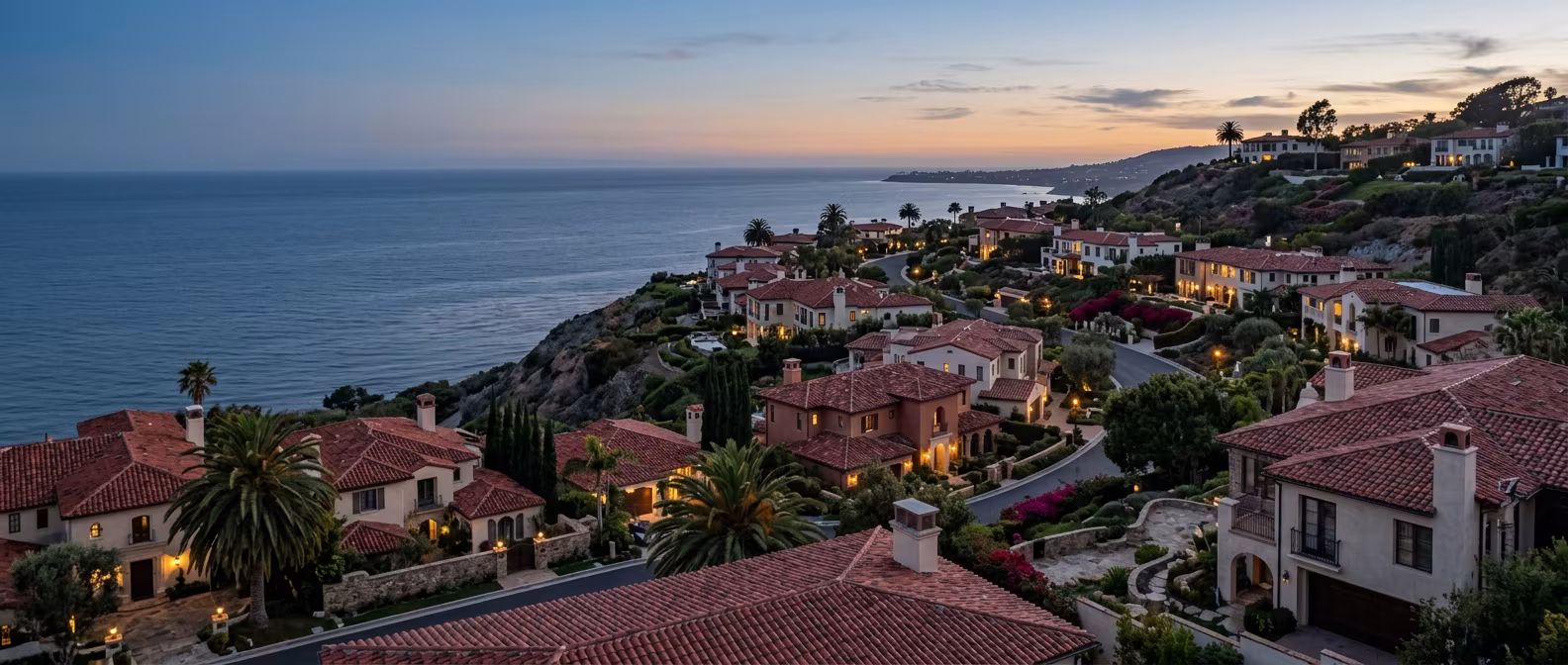 Roofing Palos Verdes: clay tile rooftops above the Pacific at dusk