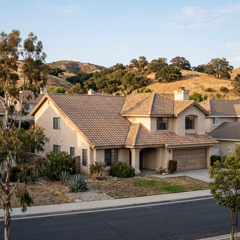 Roofing Santa Clarita, CA: a sun-weathered concrete tile hip roof on a two-story home
