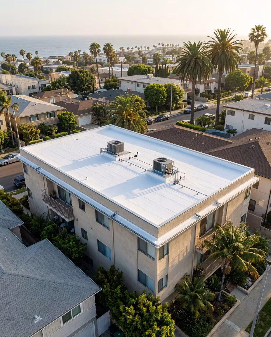 Cool roof in Santa Monica: a white flat roof on a mid-century apartment building
