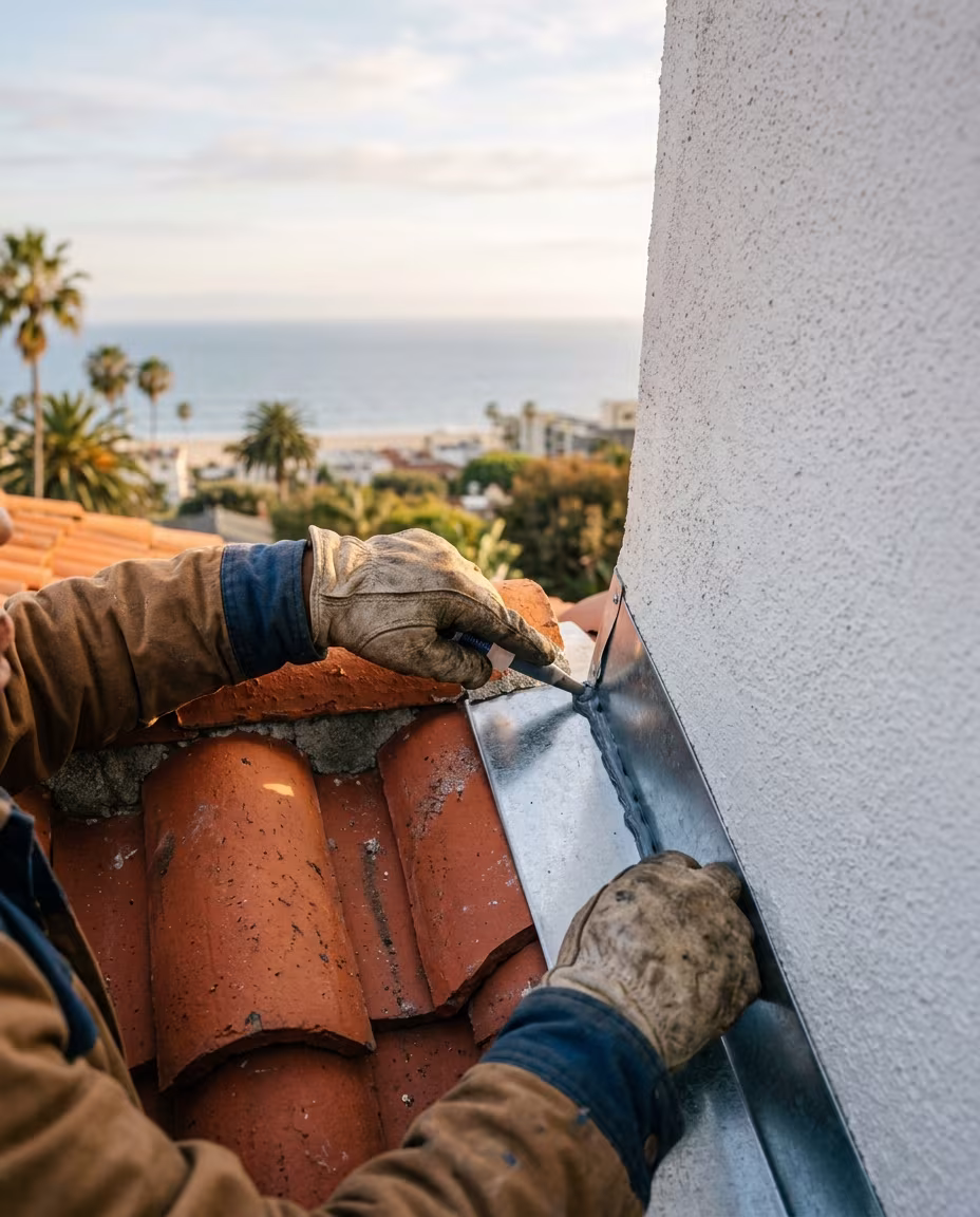 Roof repair Santa Monica: a roofer sealing metal flashing on a clay tile roof