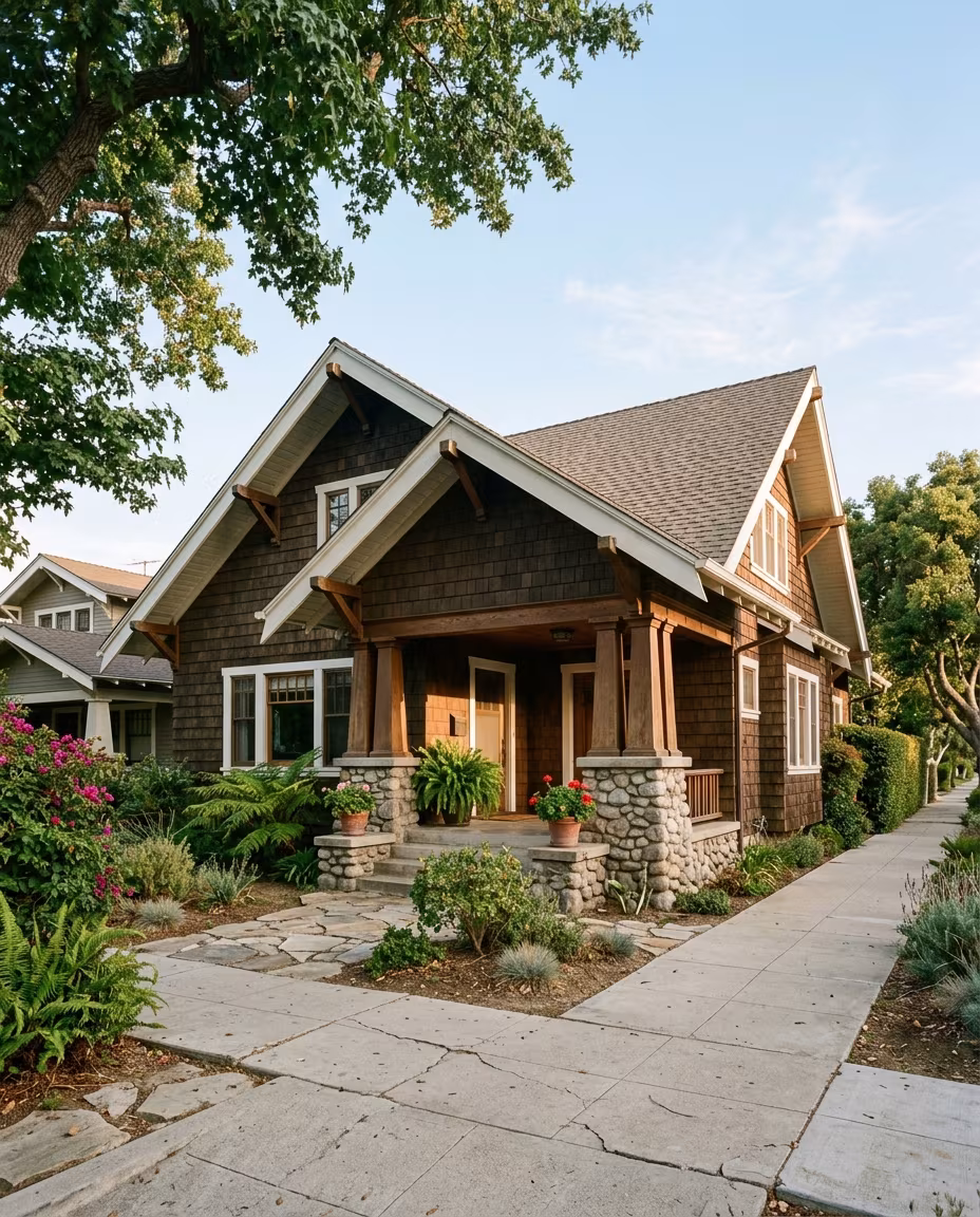 Roofing Santa Monica: a Craftsman bungalow with low gables and open rafter tails
